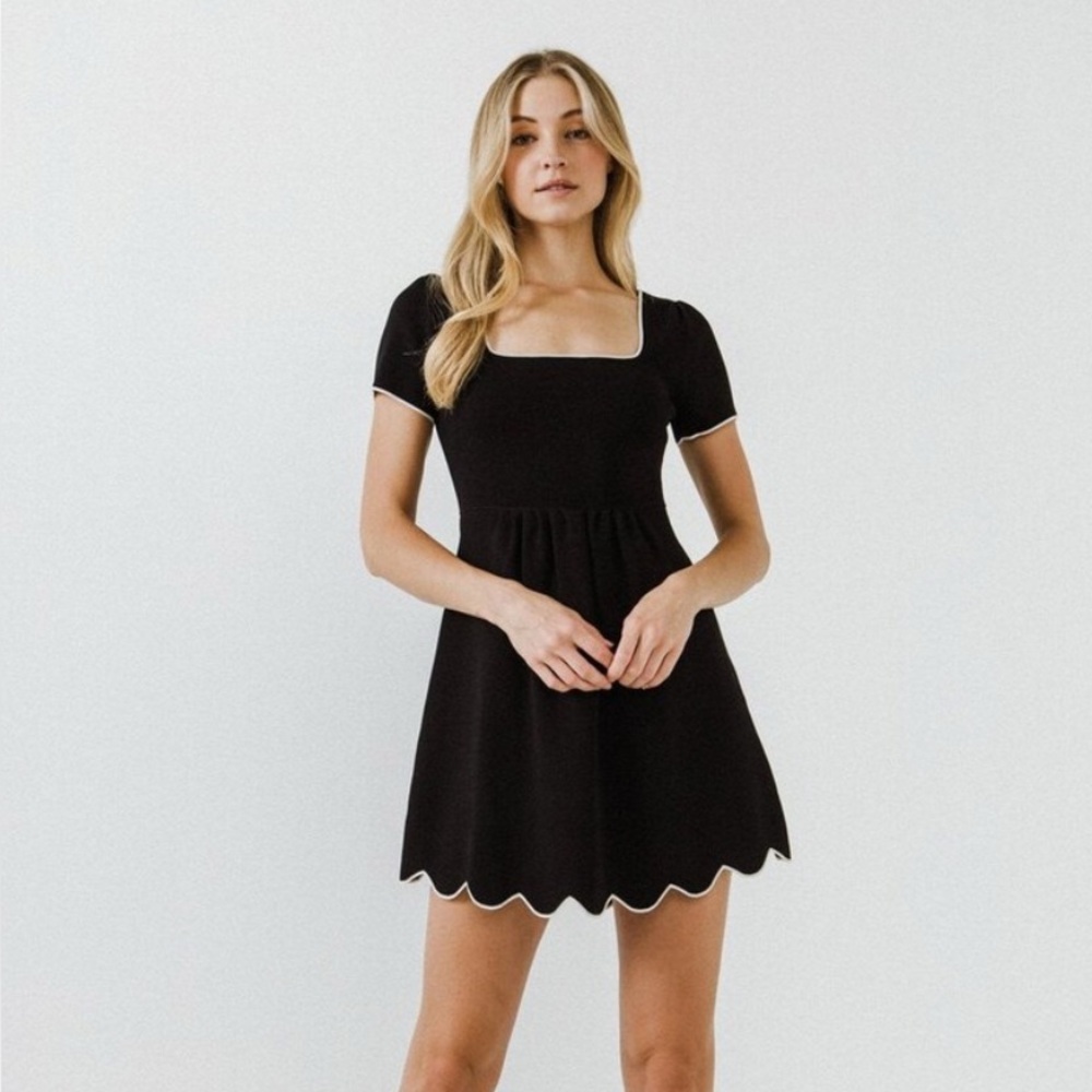 See You Monday Black Mini Dress with Scalloped Hem